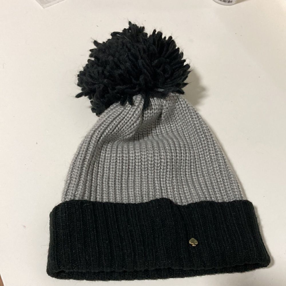 Kate Spade, black and gray knit beanie with big pom on top